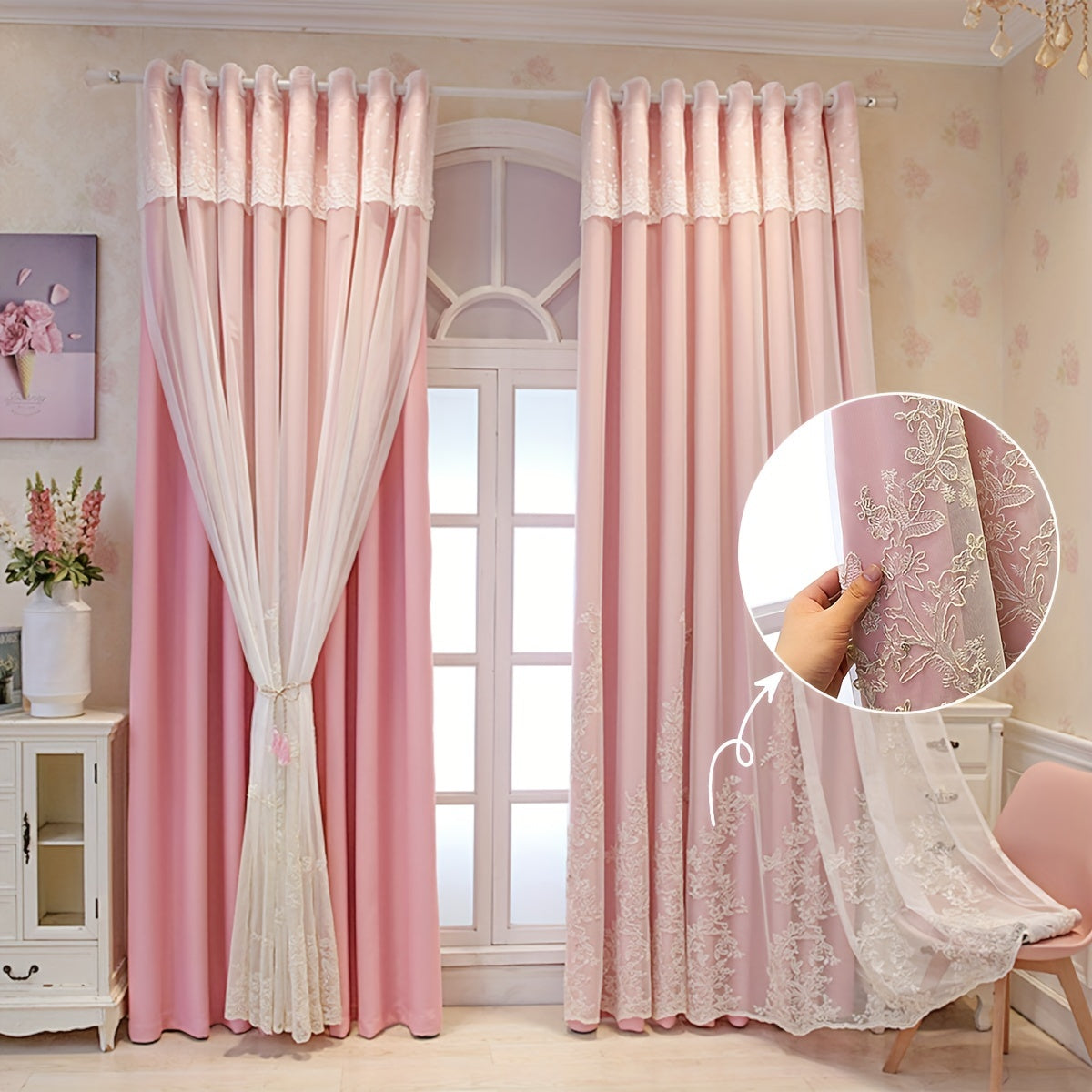 Rideaux occultants double épaisseur avec dentelle brodée romantique (2, largeur 200 à 299 cm Image