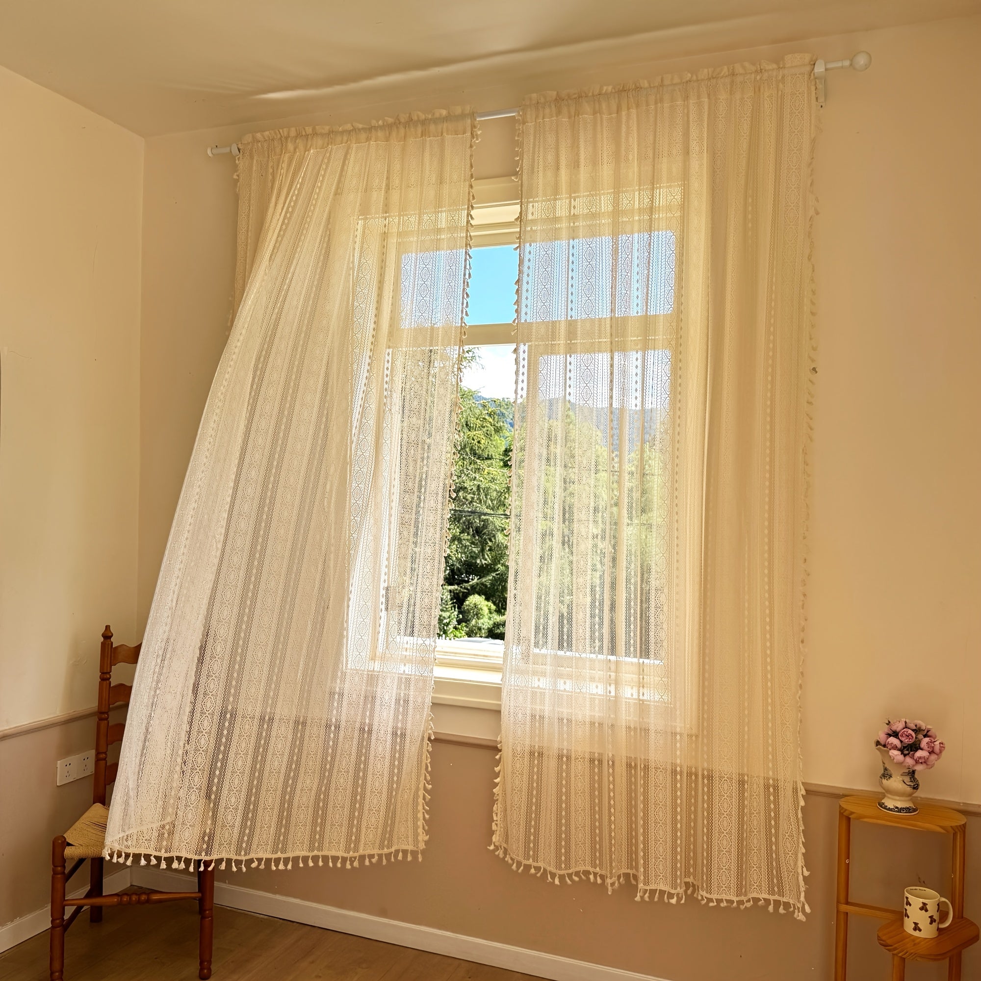 Rideau voilage bohème en dentelle écrue à franges pour fenêtre