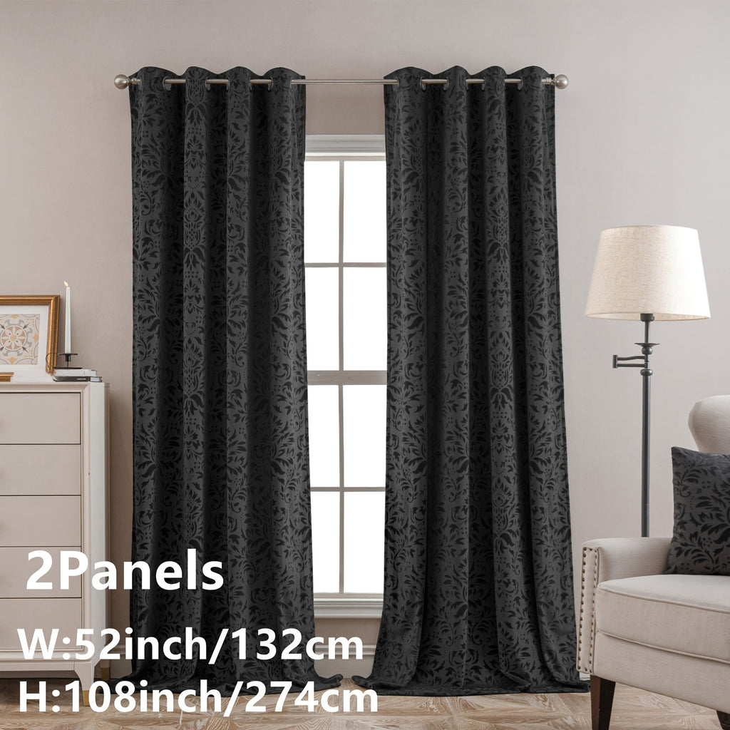 Rideaux velours à motifs floraux européens vert émeraude (2 panneaux), gris