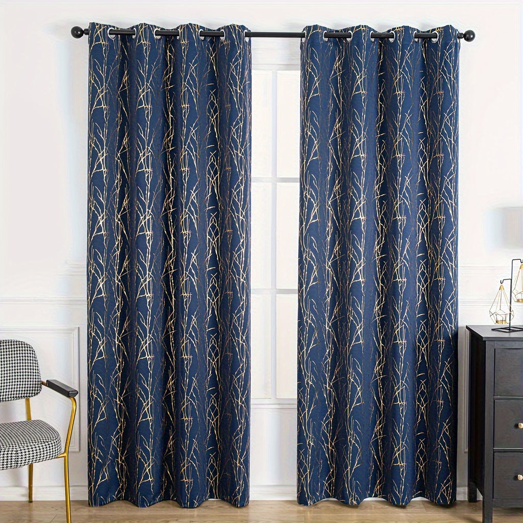 Rideau occultant à motifs branches dorées en polyester, hauteur 200 à 239 cm