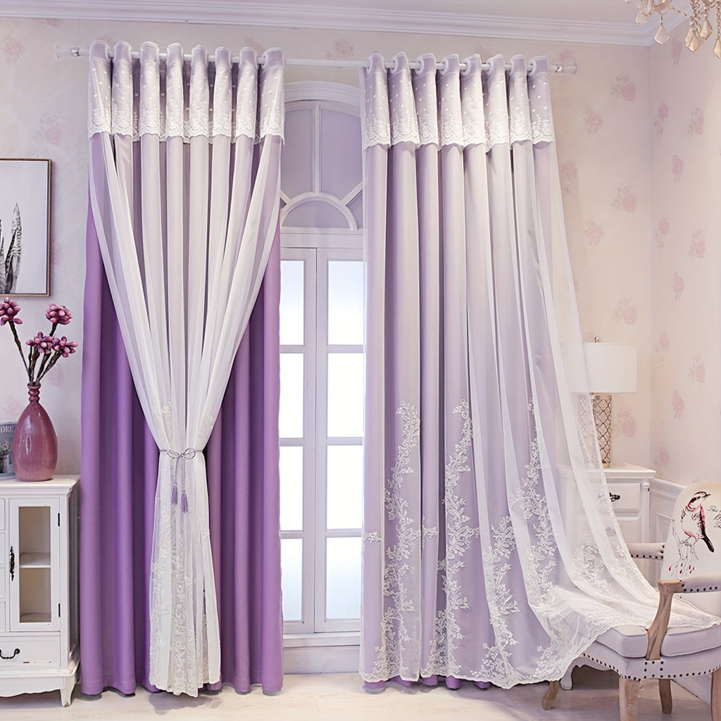 Rideaux occultants double épaisseur avec dentelle brodée romantique (2, hauteur 200 à 239 cm