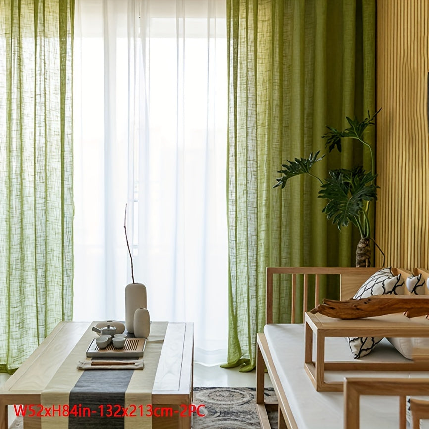 Rideau voilage vert texturé épais effet lin moderne (2 panneaux), vert