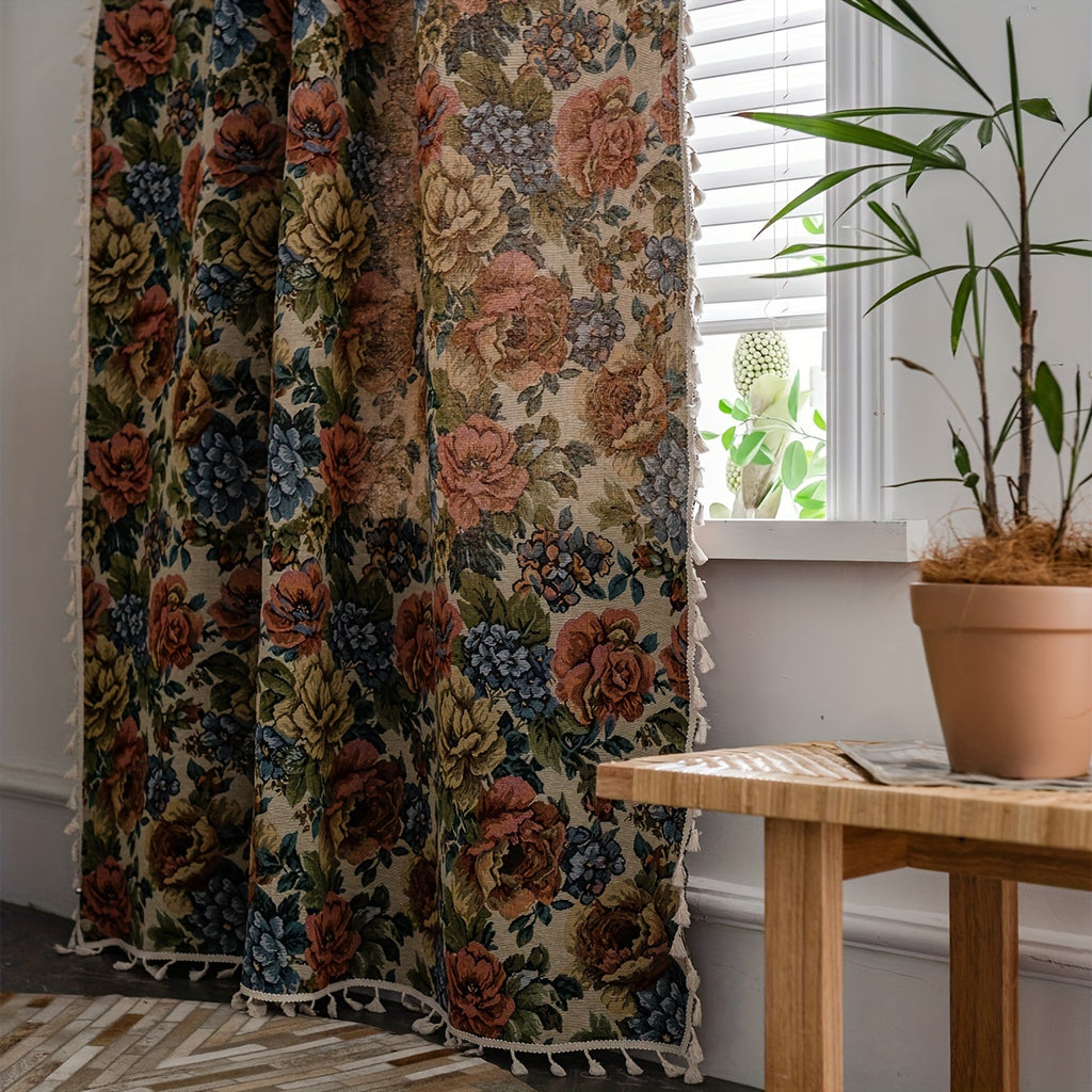 Rideau jacquard fleuri style campagne tamisant, largeur 140 à 199 cm