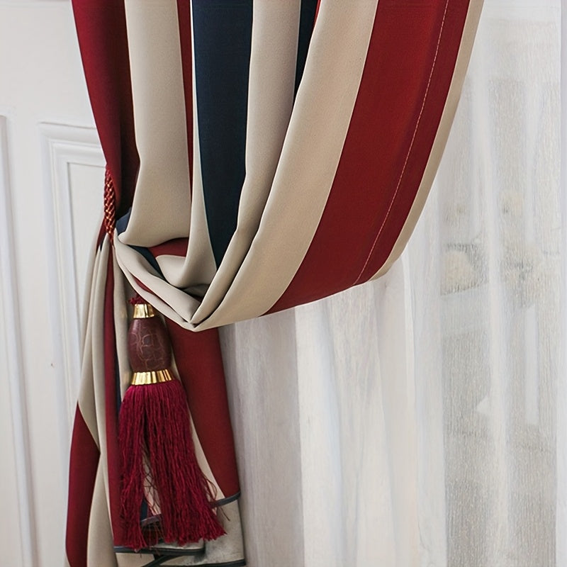 Rideau à rayures rouge bleu style méditerranéen en polyester (1 panneau)