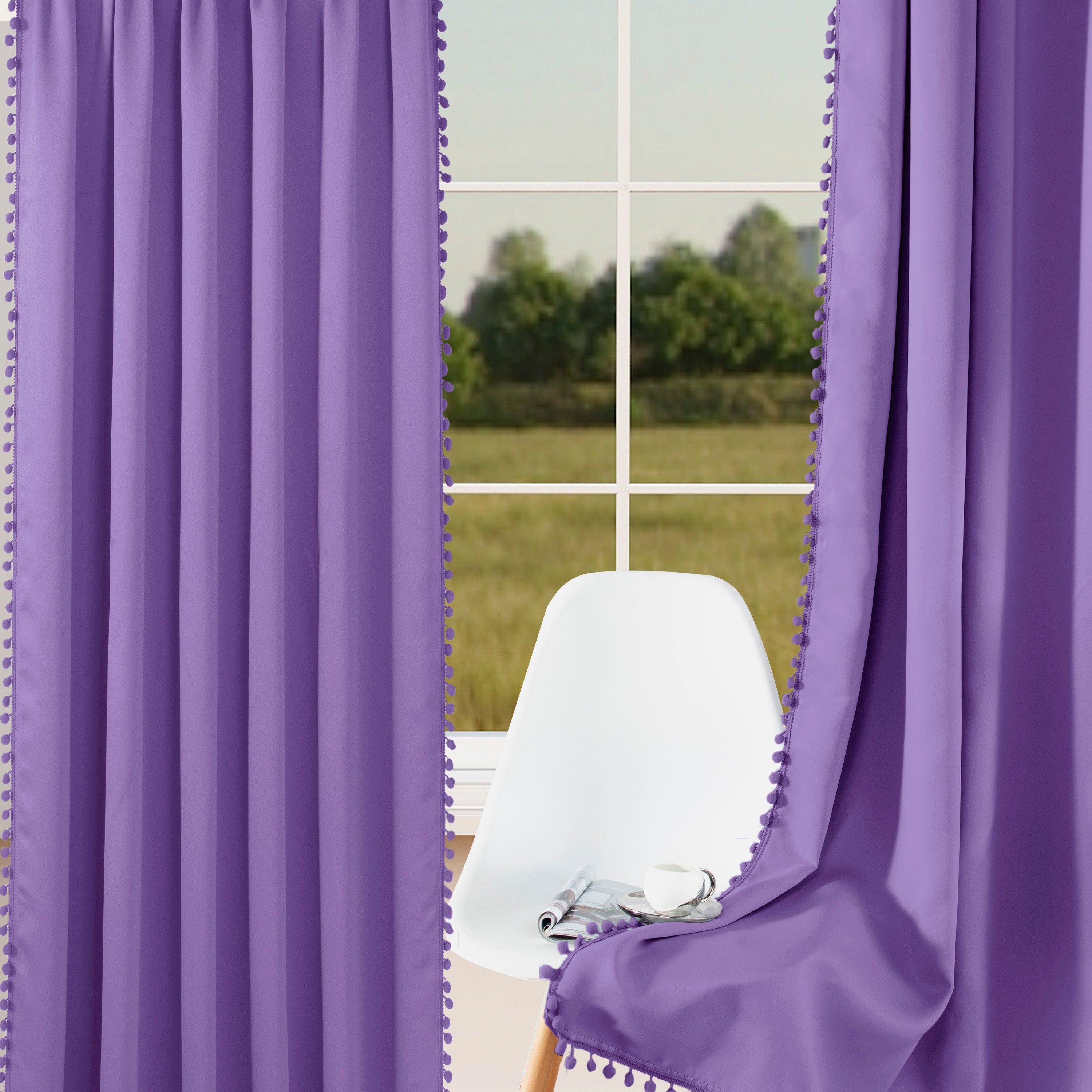 Rideau occultant thermique avec galon pompons pour salon et chambre