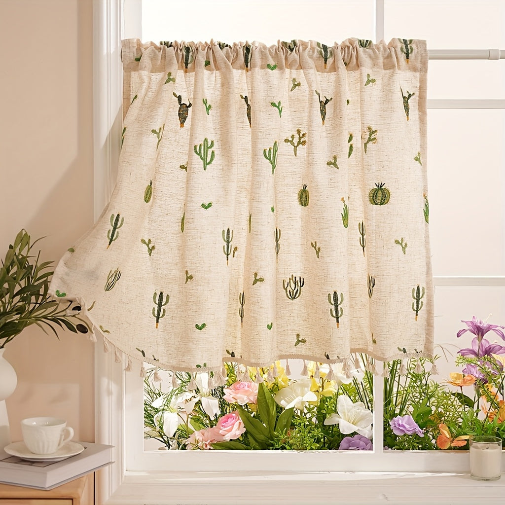 Rideau café brodé cactus en polyester style campagne pour petite fenêt, largeur 140 à 199 cm