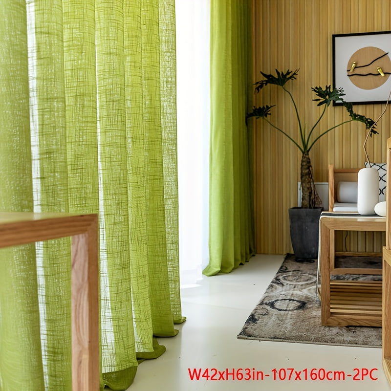 Rideau voilage vert texturé épais effet lin moderne (2 panneaux), vert