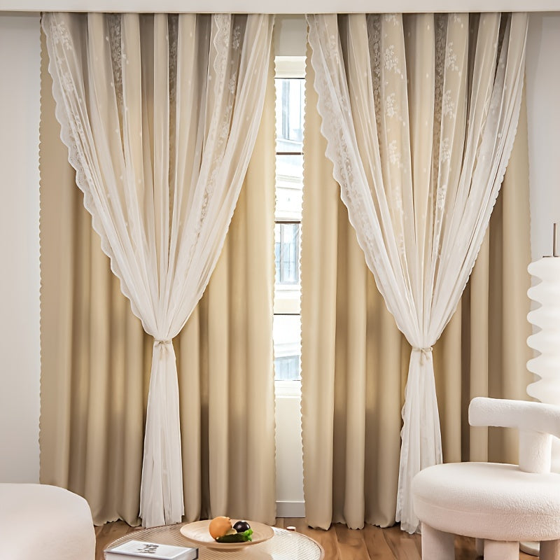 Rideau double épaisseur occultant en polyester beige avec voilage dent, largeur 100 à 139 cm