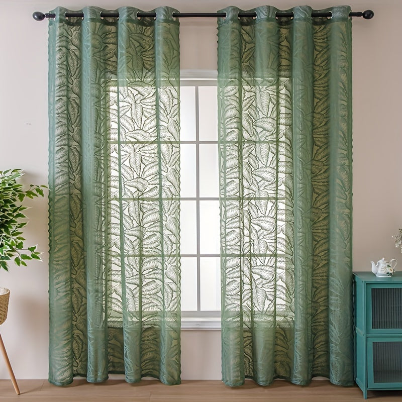 Rideau voilage vert à motifs feuilles ajouré avec œillets