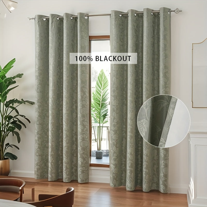 Rideau occultant jacquard floral épais avec œillets métalliques, vert