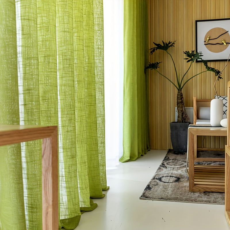 Rideau voilage vert texturé épais effet lin moderne (2 panneaux), hauteur 160 à 199 cm
