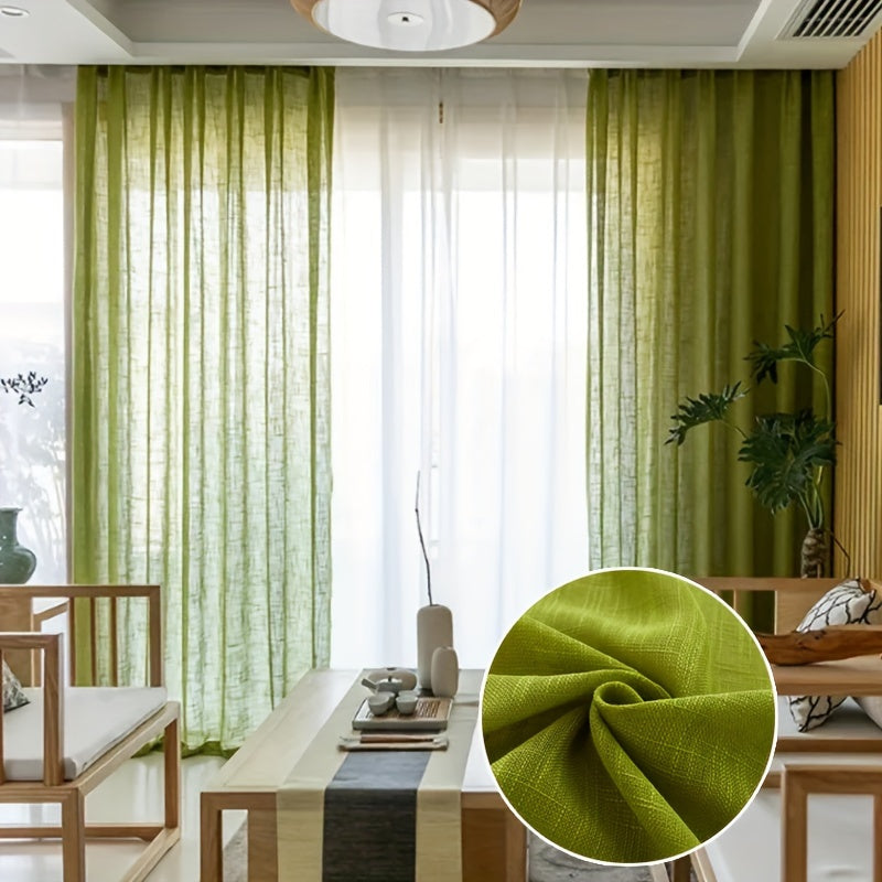 Rideau voilage vert texturé épais effet lin moderne (2 panneaux), largeur 140 à 199 cm