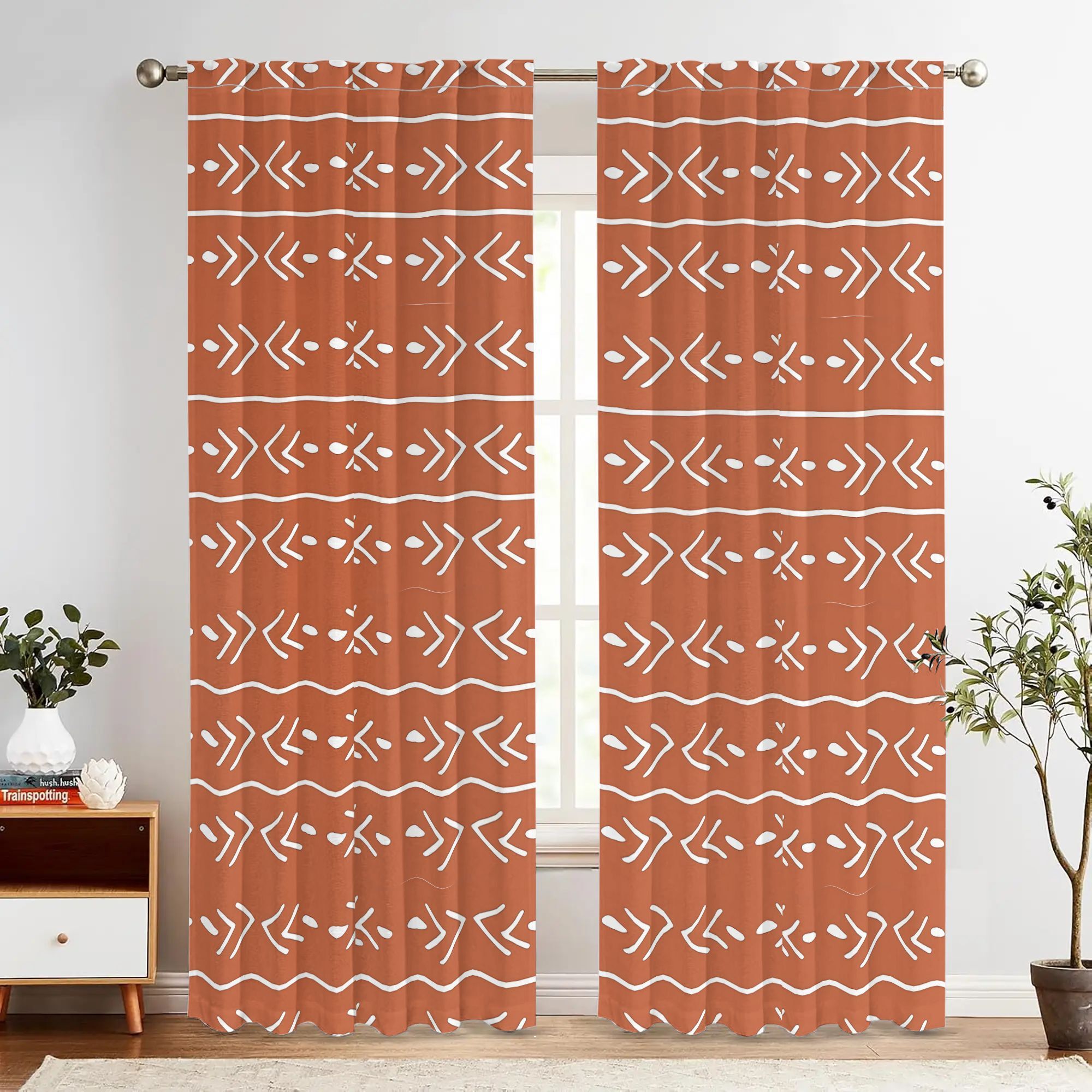 Rideaux occultants terracotta motif africain bohème en polyester (2 panneaux)