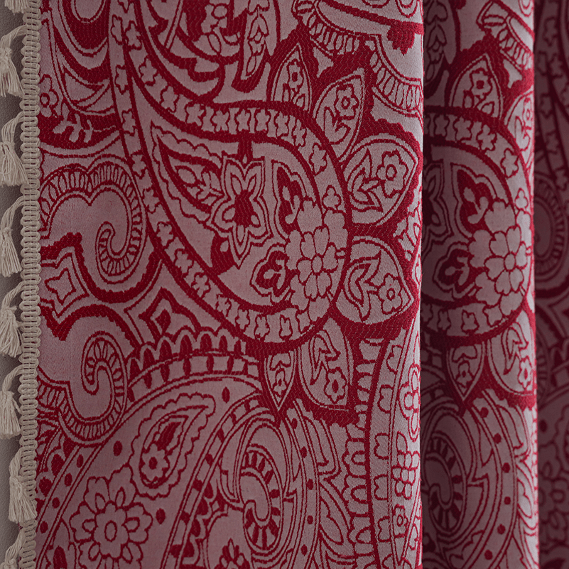 Rideau jacquard baroque rouge et rose tamisant à pampilles