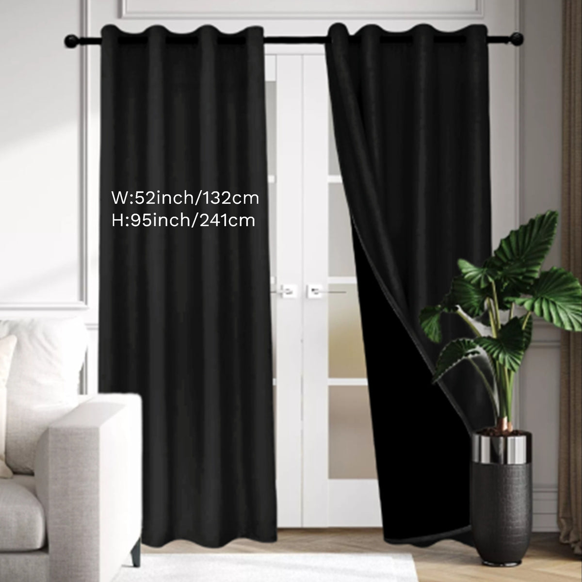 Rideau occultant thermique 100 % blackout à œillets en polyester, noir