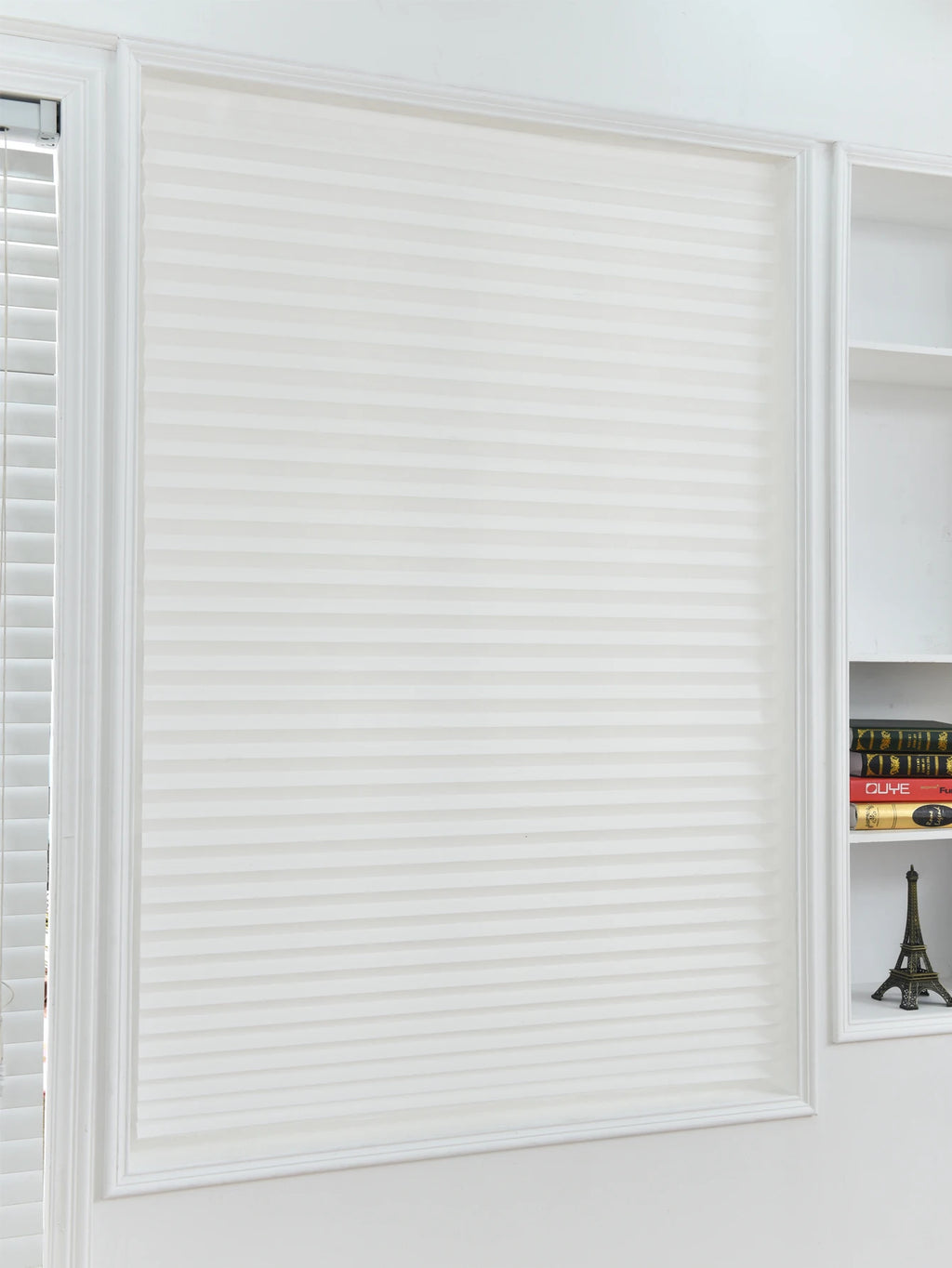 Store plissé tamisant sans perçage en tissu non tissé pour fenêtre fac, blanc