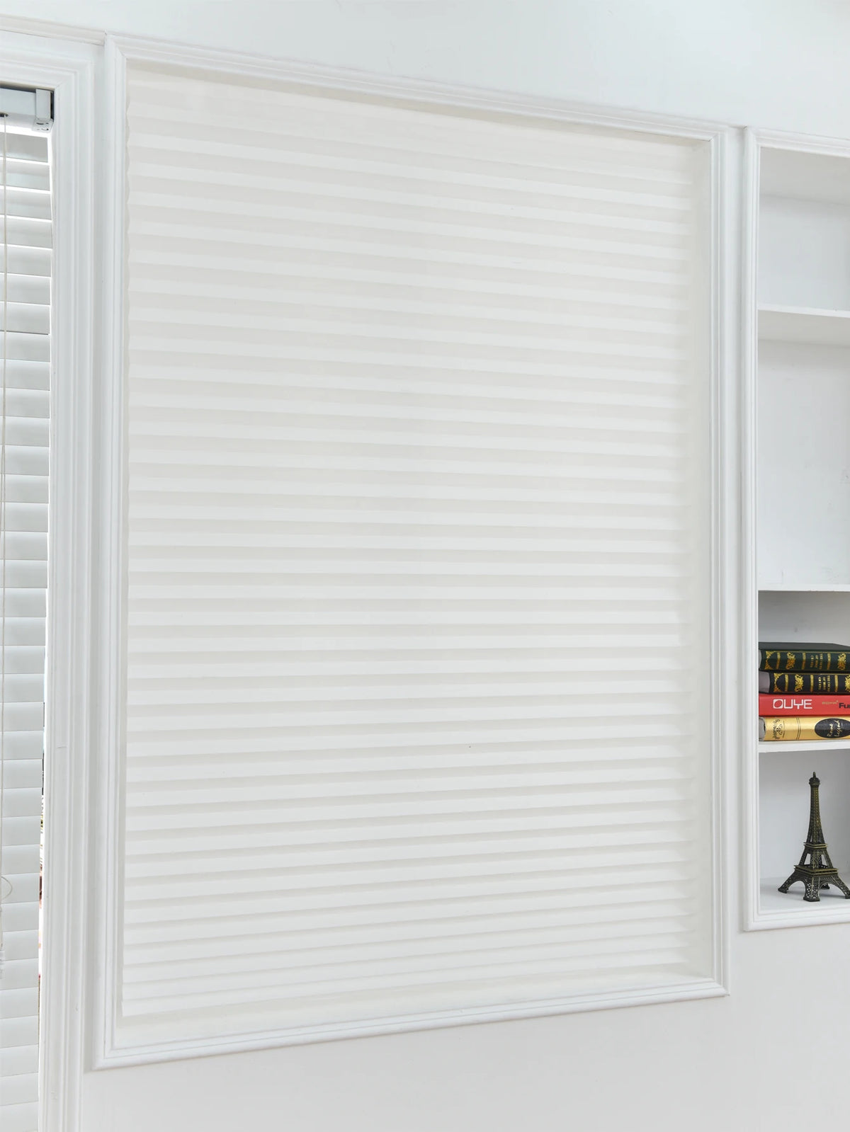 Store plissé tamisant sans perçage en tissu non tissé pour fenêtre fac, blanc