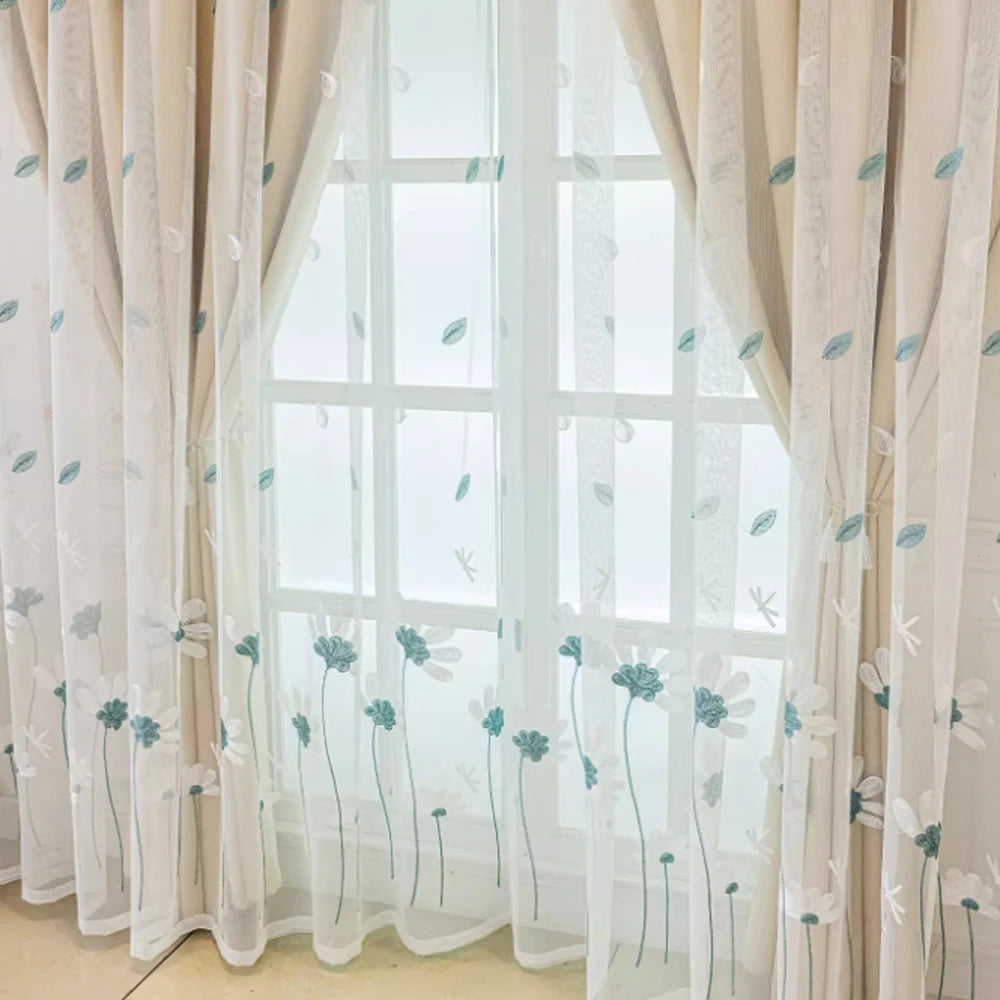 Rideau double épaisseur brodé beige en polyester pour salon et chambre