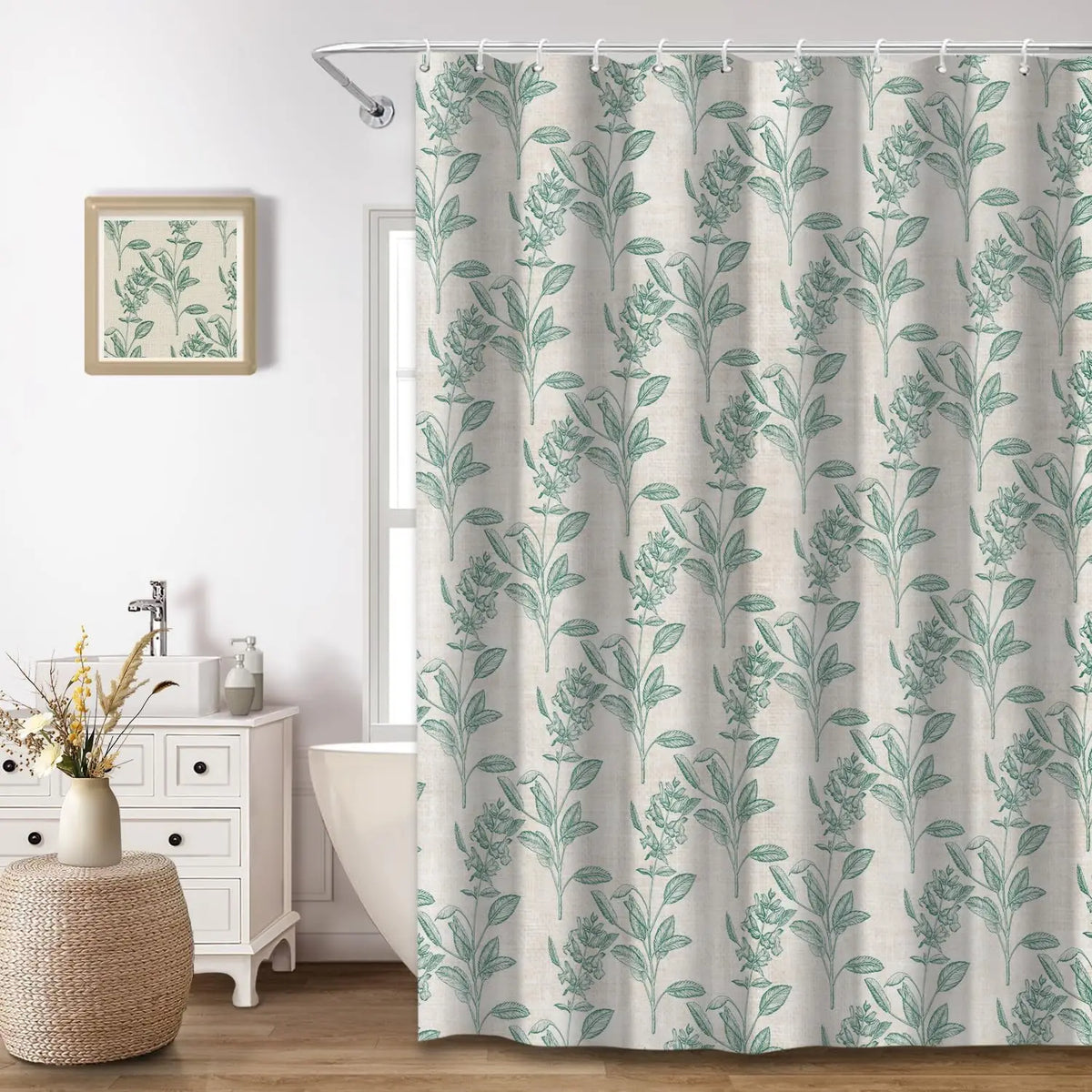 Rideau de douche vert motif floral imperméable style campagne, vert