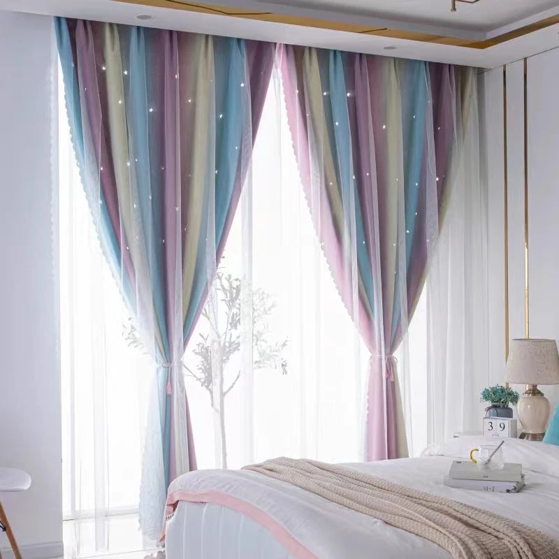Rideau occultant arc-en-ciel double épaisseur étoilé pour chambre enfant