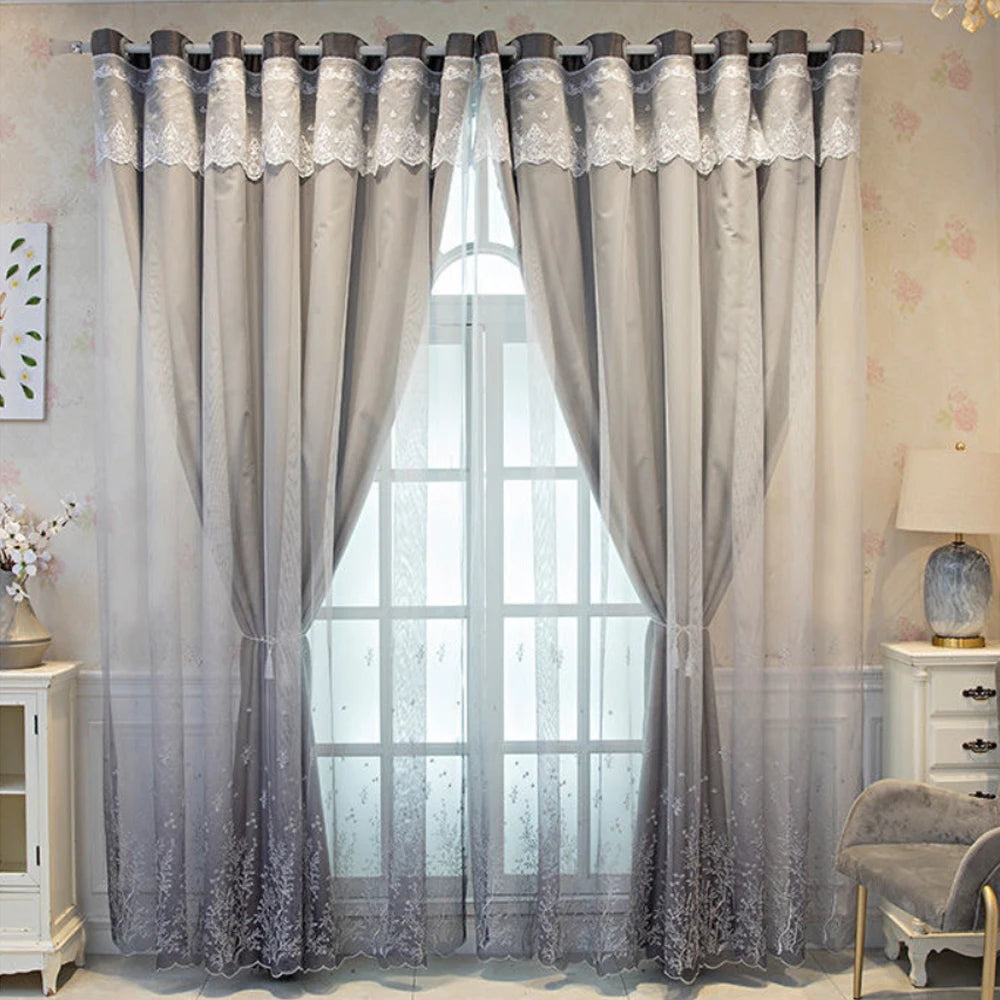 Rideau occultant double épaisseur gris foncé brodé style luxe, largeur 100 à 139 cm