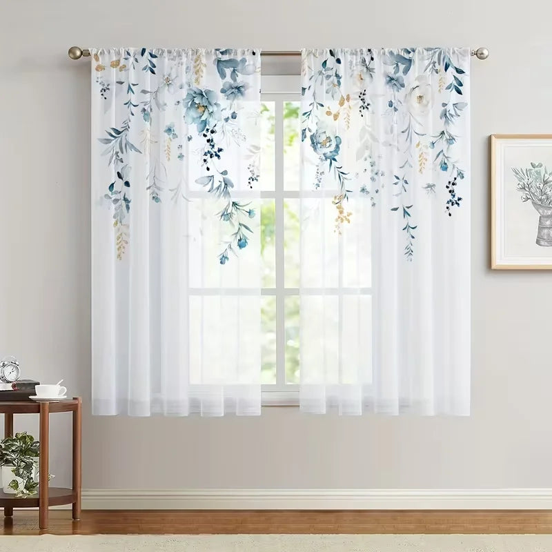 Rideaux voilage fleuris bleu et doré translucides, largeur 100 à 139 cm