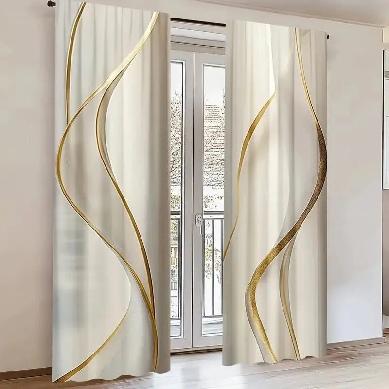 Rideaux tamisants crème à motifs lignes dorées en polyester (2 panneaux)
