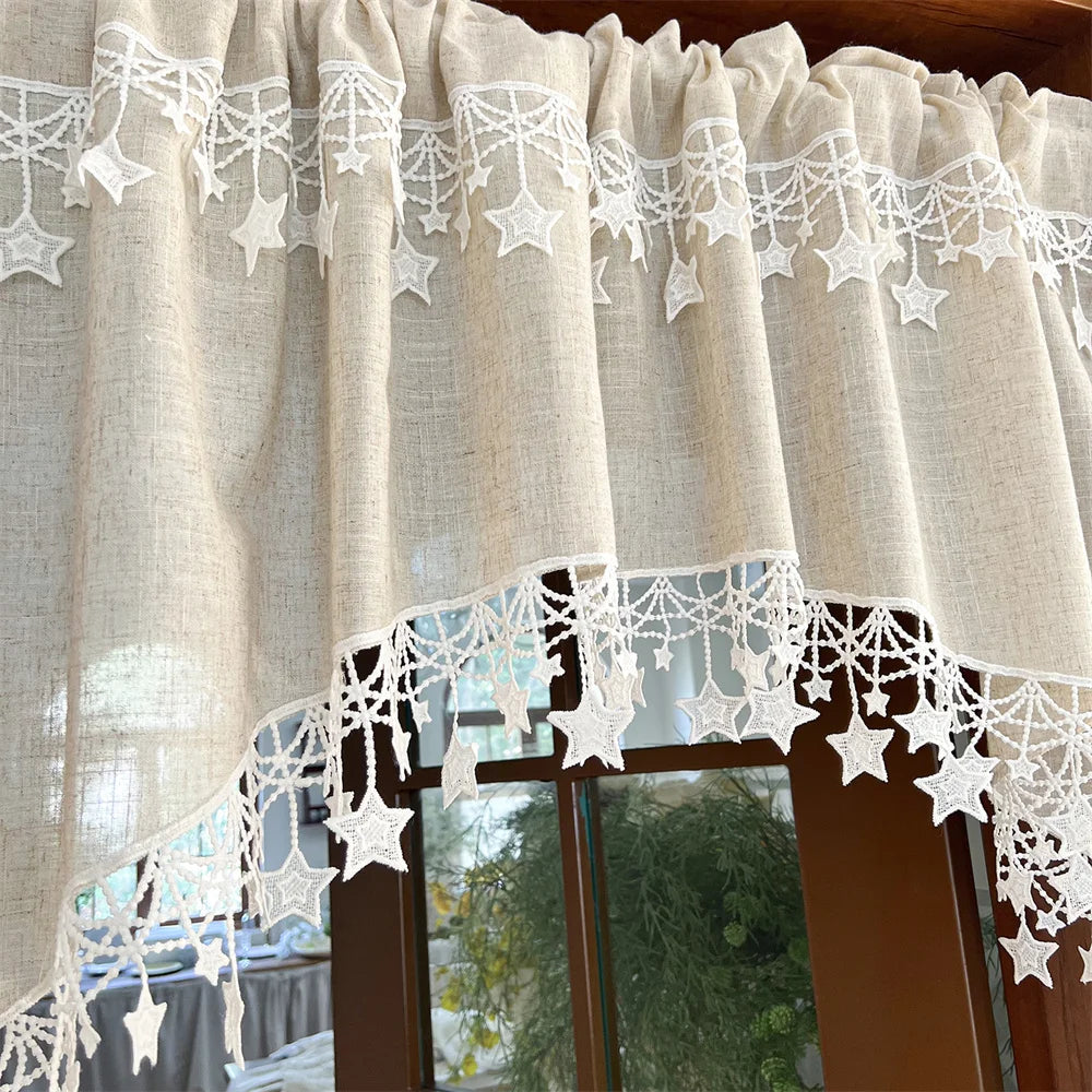 Rideau valance arche brodé étoiles style farmhouse en polyester tamisant