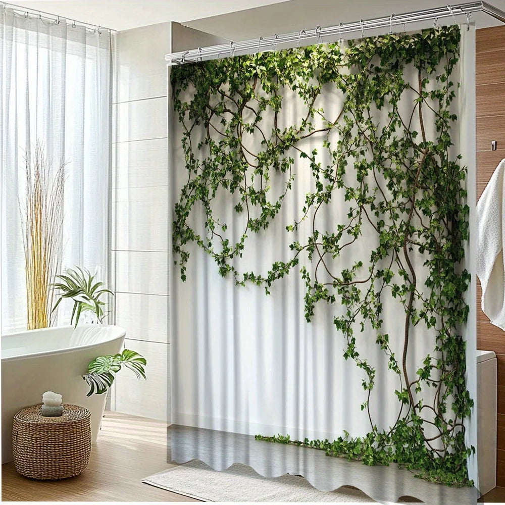 Rideau de douche feuillage vert en polyester imperméable pour salle de bain