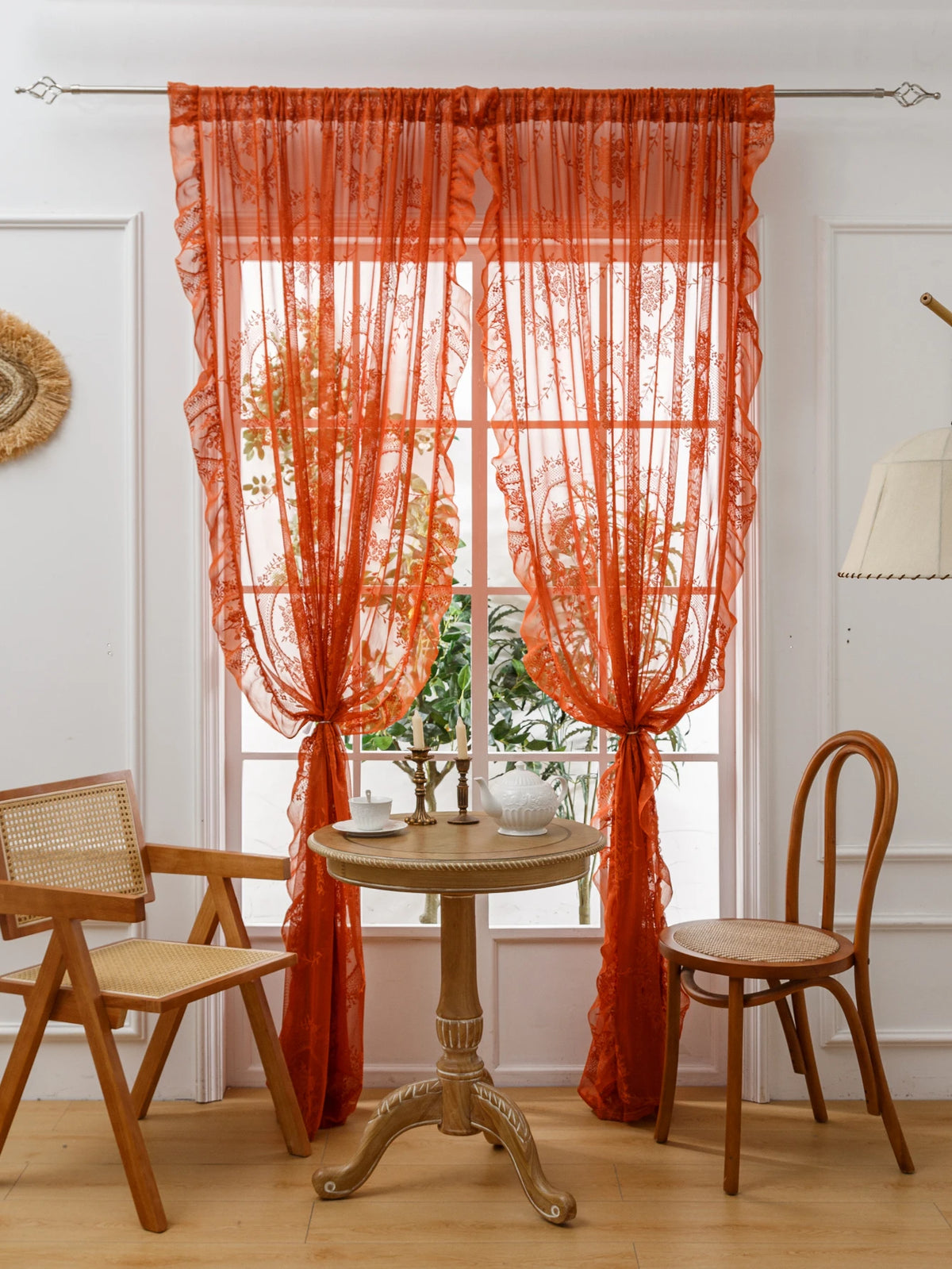 Rideau en dentelle orange à motifs floraux translucide, largeur 140 à 199 cm