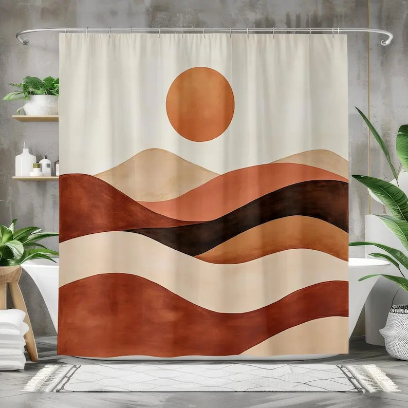 Rideau de douche terracotta motif désert ondulé en polyester imperméab, largeur moins de 100 cm