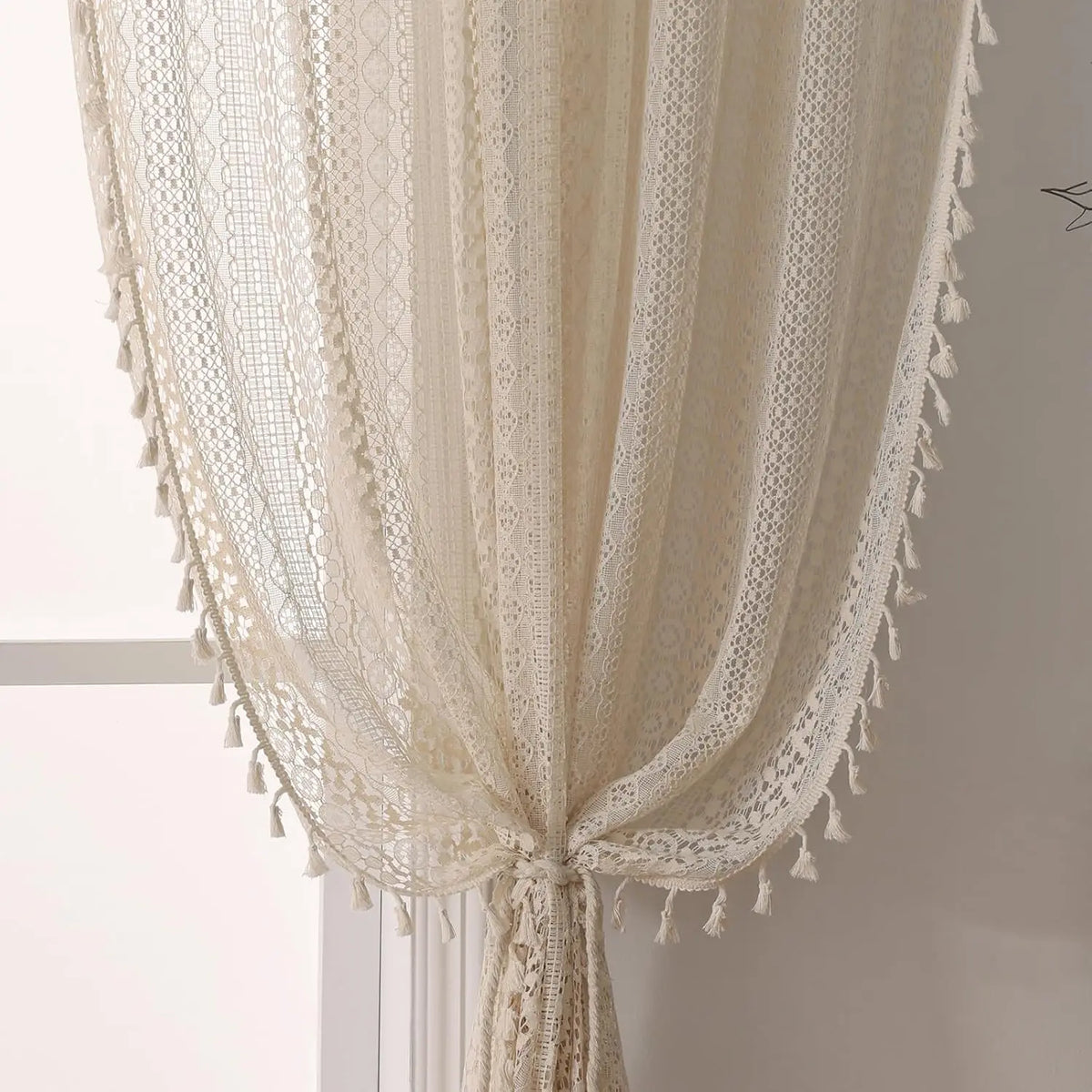 Rideau voilage bohème à pompons beige tamisant style japonais pour por, largeur 140 à 199 cm
