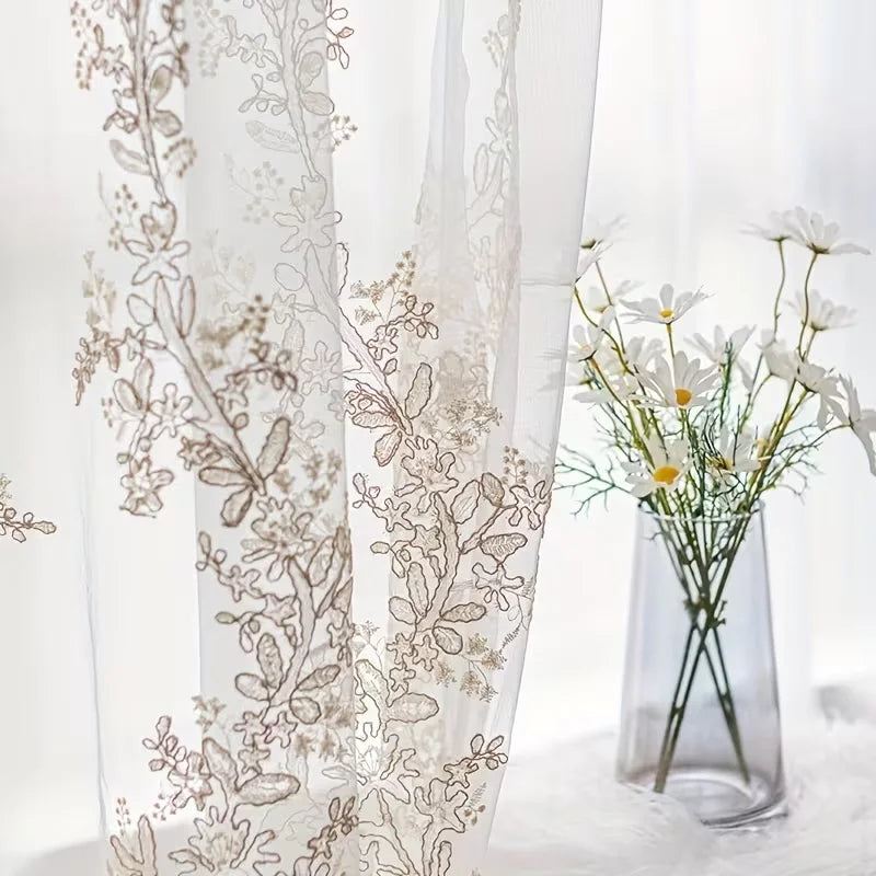 Voilage blanc brodé floral tamisant en polyester élégant, pose à passe-tringle