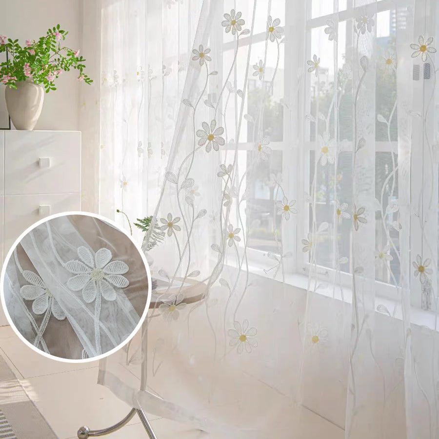 Voilage brodé floral blanc transparent pour porte-fenêtre et baie vitr, largeur 100 à 139 cm