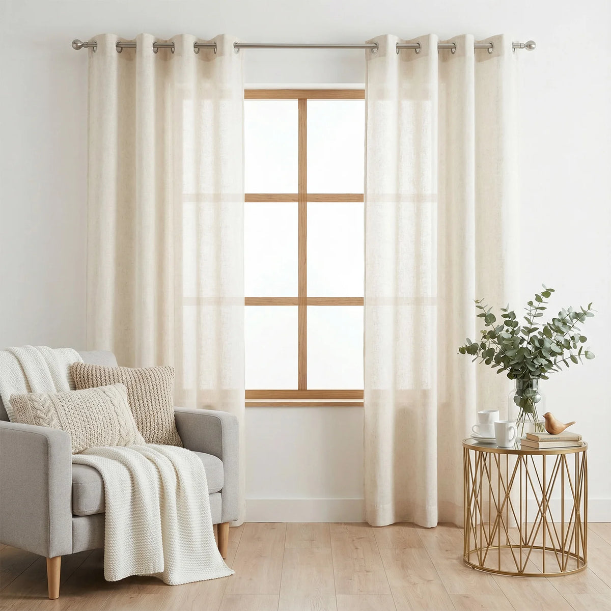 Rideaux voilage en lin beige tamisant à œillets, beige