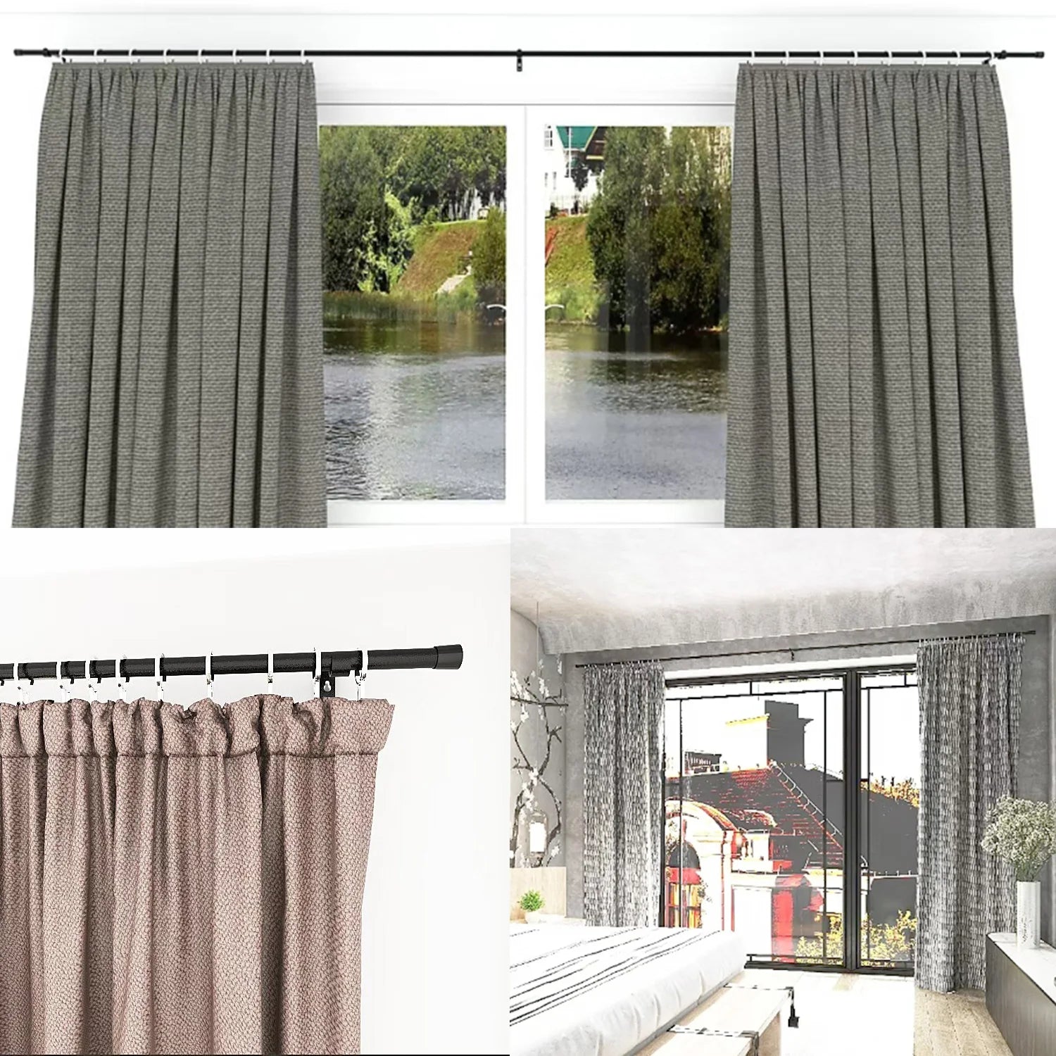 Tringle à rideau extensible en métal noir avec anneaux et pinces inclus (1 tringle)