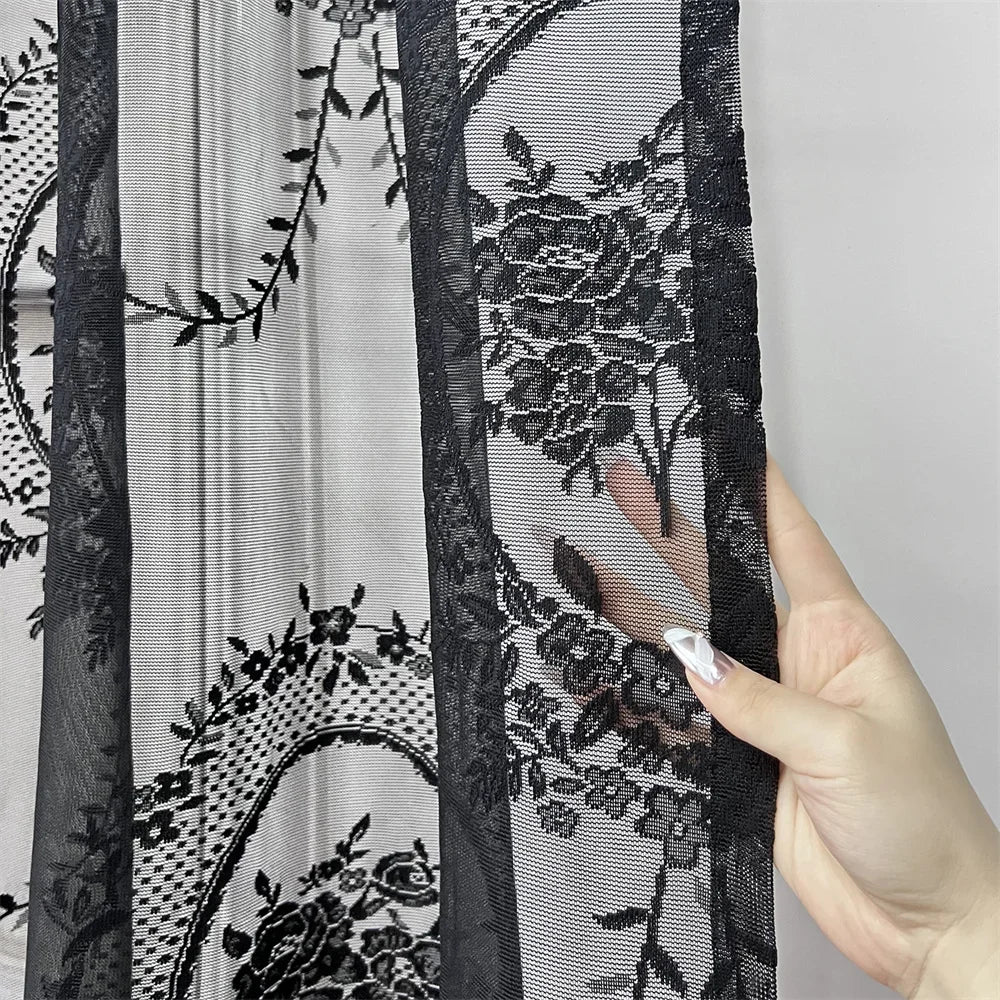 Rideau voilage noir en dentelle florale pour salon et chambre