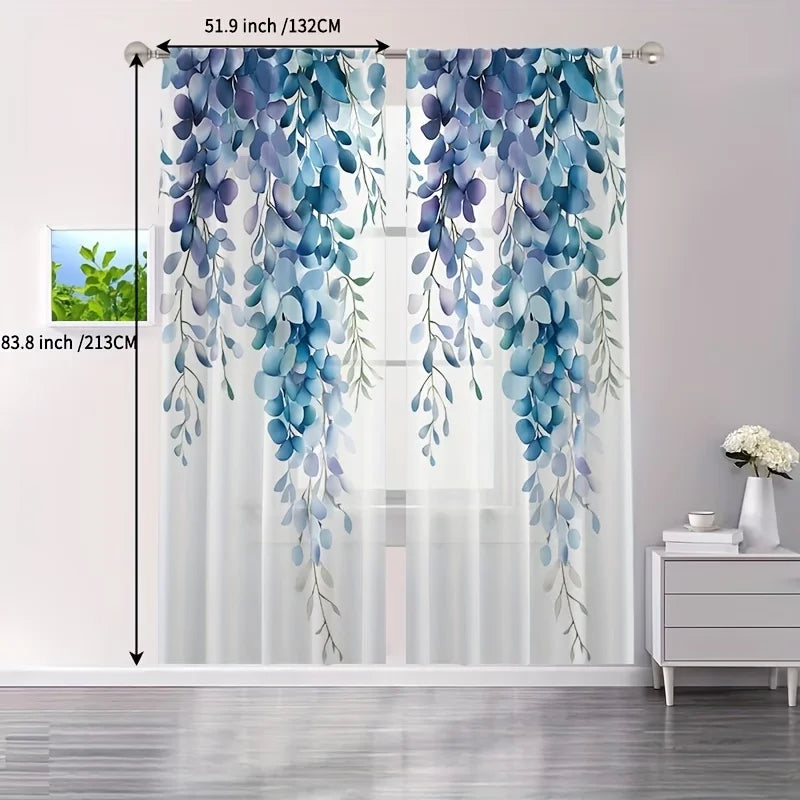 Rideaux voilage fleurs bleues imprimées tamisant style romantique