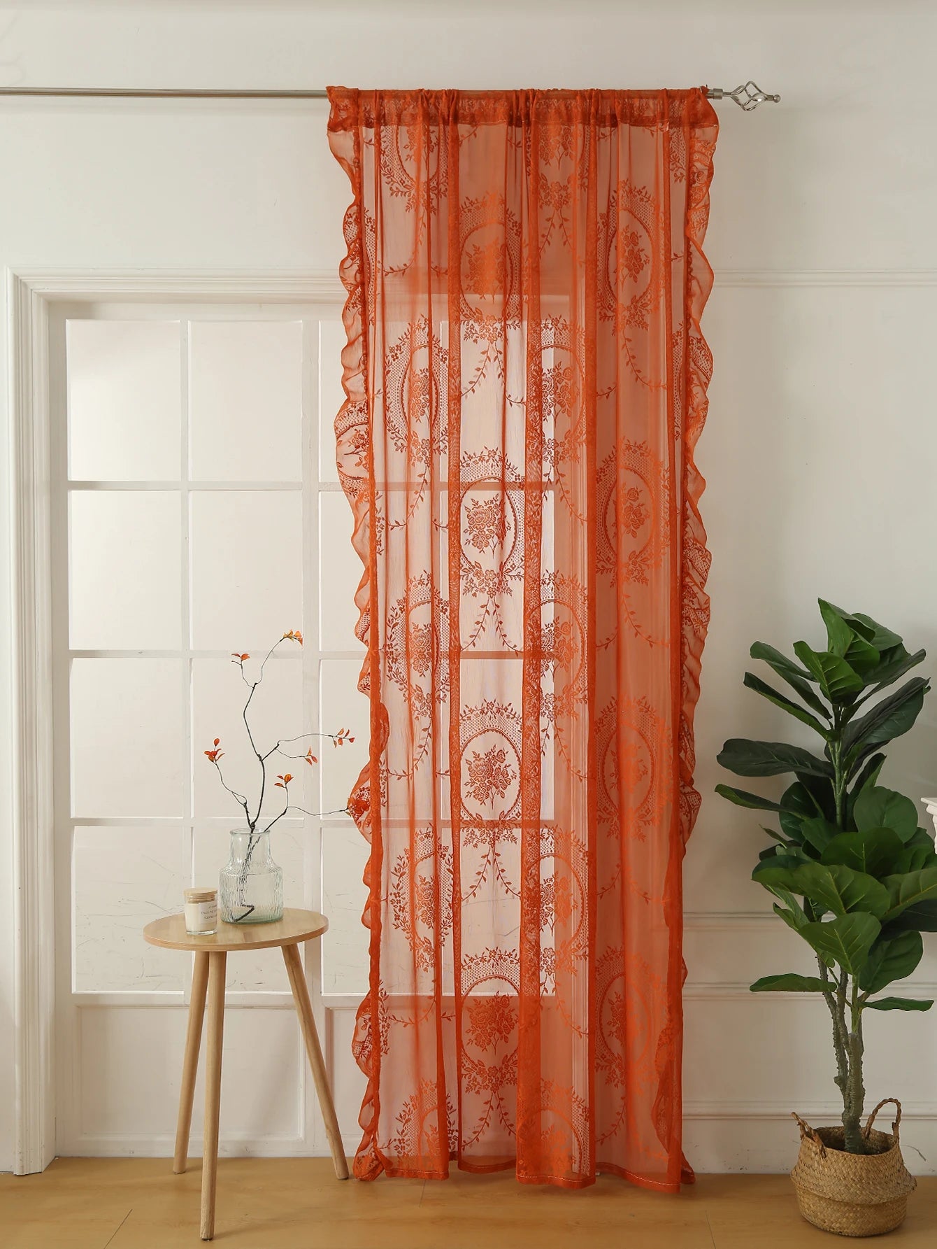 Rideau en dentelle orange à motifs floraux translucide pour salon et chambre