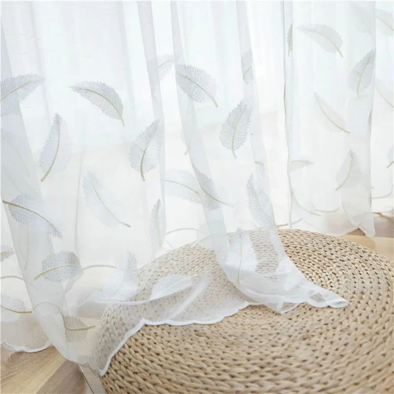 Voilage blanc brodé plumes transparent élégant pour salon chambre et cuisine (1 pièce)