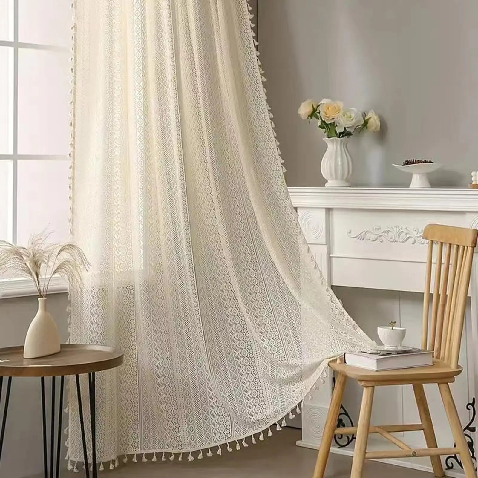 Rideau voilage bohème en coton macramé ajouré avec pompons