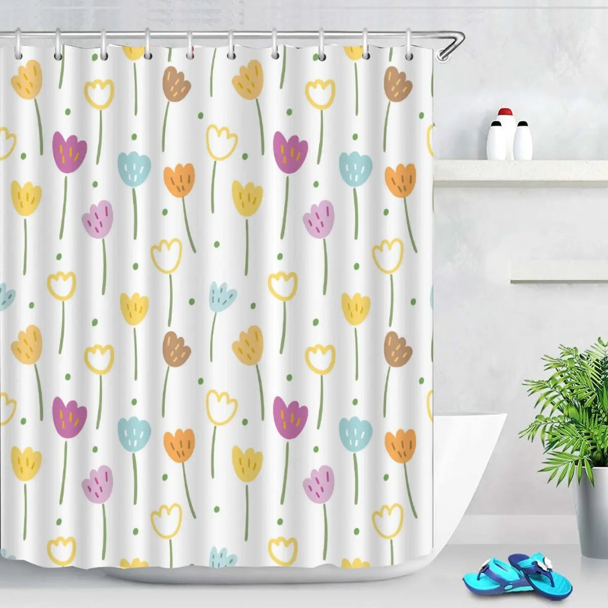 Rideau de douche en polyester imperméable motif tulipes roses