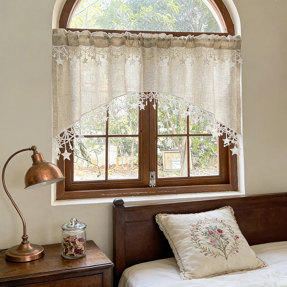 Rideau valance arche brodé étoiles style farmhouse en polyester tamisant