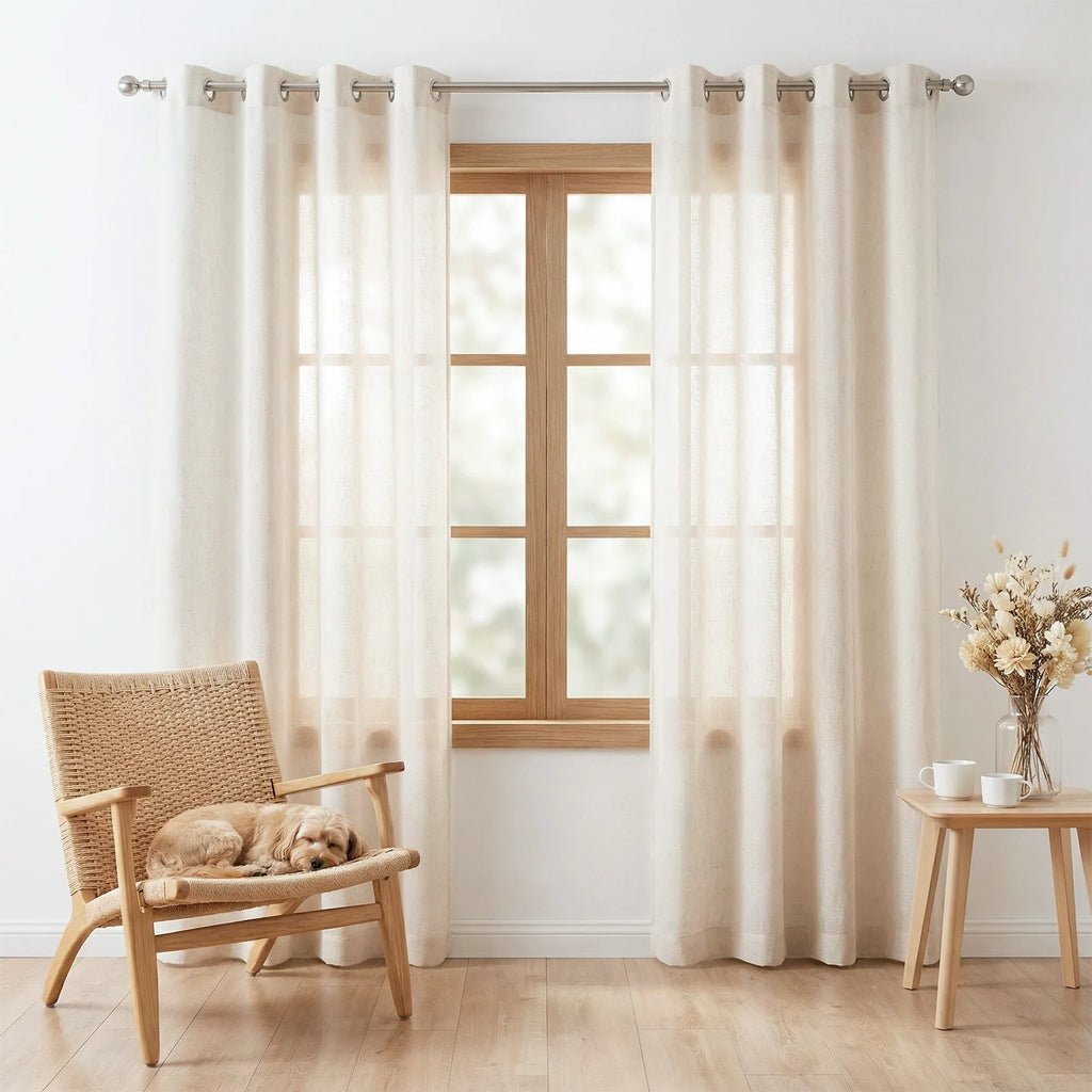 Rideaux voilage en lin beige tamisant à œillets, largeur 100 à 139 cm