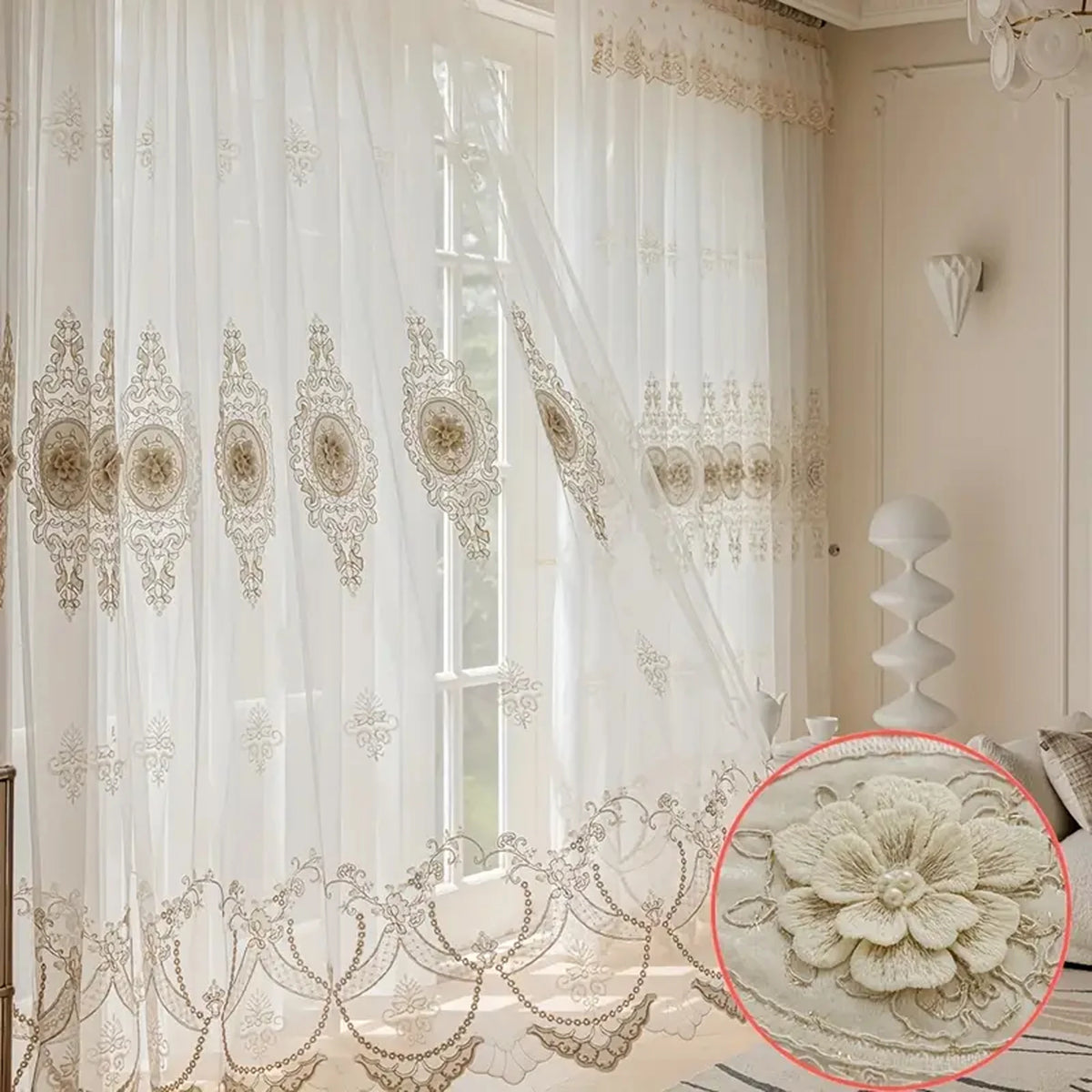 Rideau voilage brodé beige et blanc style européen en polyester, pose à passe-tringle Image