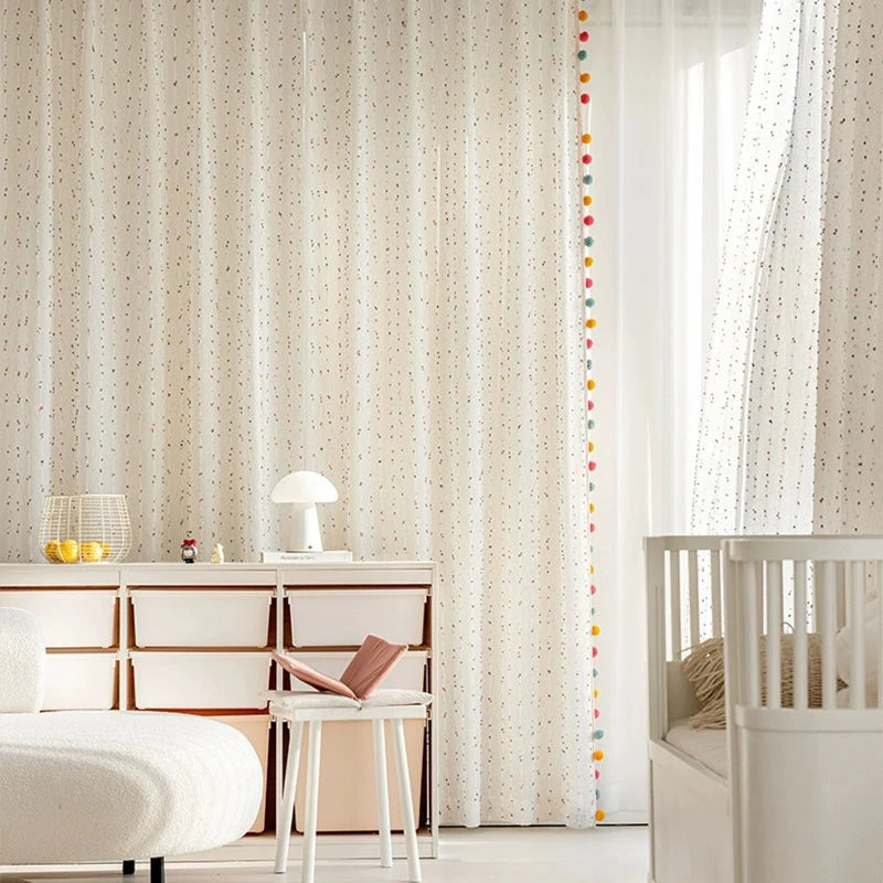 Rideau voilage brodé pompons multicolores pour chambre enfant (2 panneaux)