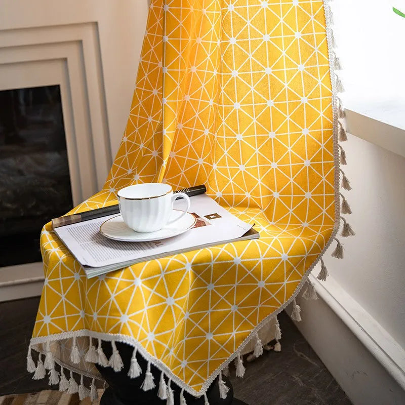 Rideau jaune géométrique bohème en polyester coton pour salon