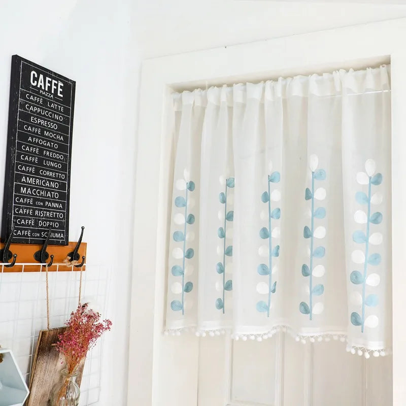 Valance Brodée Semi-Translucide pour Fenêtre, feuille bleue