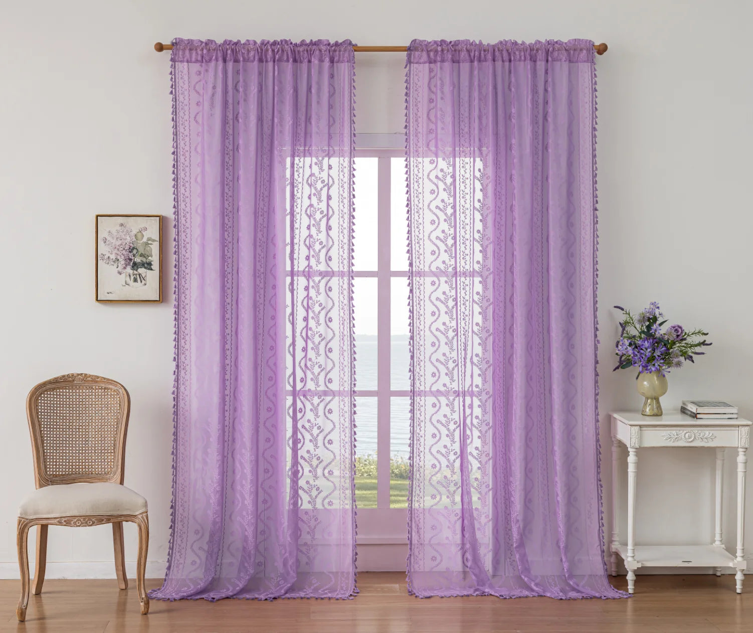 Rideaux voilage dentelle bohème à pampilles tamisant style pastoral