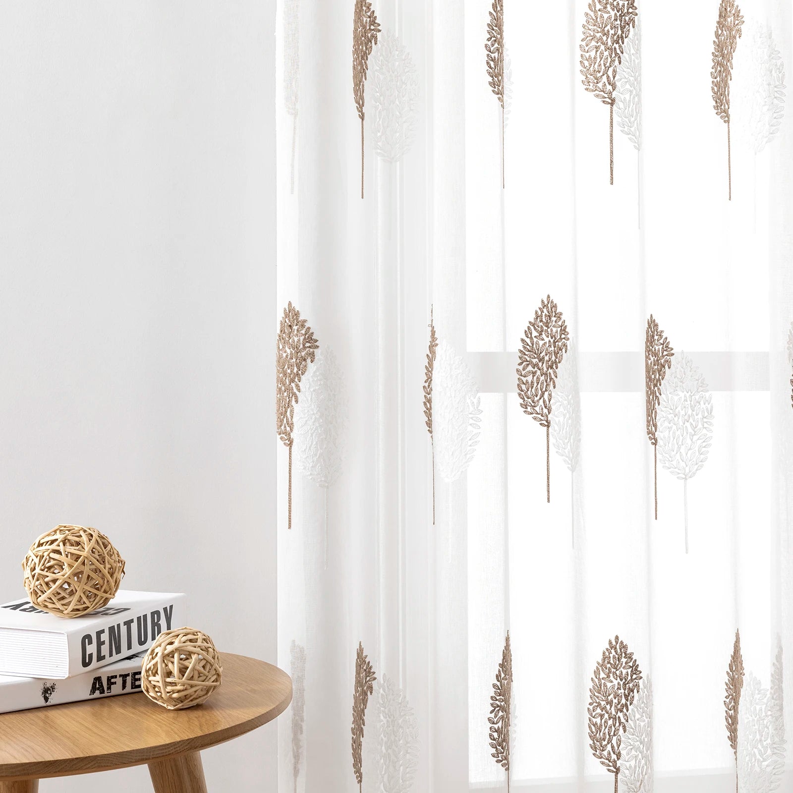 Rideaux voilage brodés feuilles en polyester pour salon et chambre (2 panneaux)